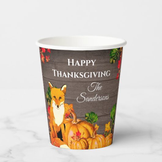 Rustikales Orange Fox Pumpkin Fall Erntedank Party Pappbecher (Rückseite)