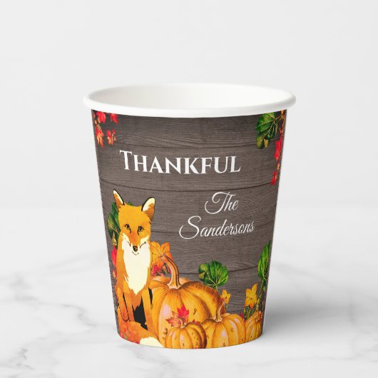 Rustikales Orange Fox Pumpkin Fall Erntedank Party Pappbecher (Rückseite)