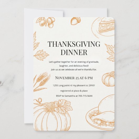 Rustikales Orange Hand Gezeichnet Erntedank Dinner Einladung (Vorderseite)