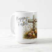 Rustikales Osterkreuz-Design mit Blumen Kaffeetasse (Vorderseite Links)