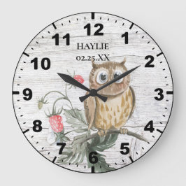 Rustikales Owl auf Strawberry Pflanze Stallholz Große Wanduhr