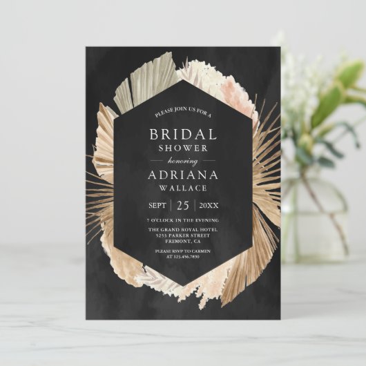 Rustikales Pampas getrocknetes Palmschwarzes Braut Einladung (Stehend Vorderseite)