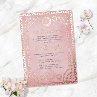 Rustikales Papayo Picado Rose Gold Quinceañera Folieneinladung