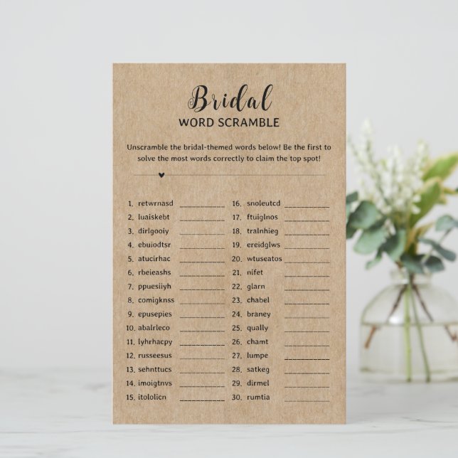 Rustikales Paper Brautparty Word Scramble Game (Stehend Vorderseite)