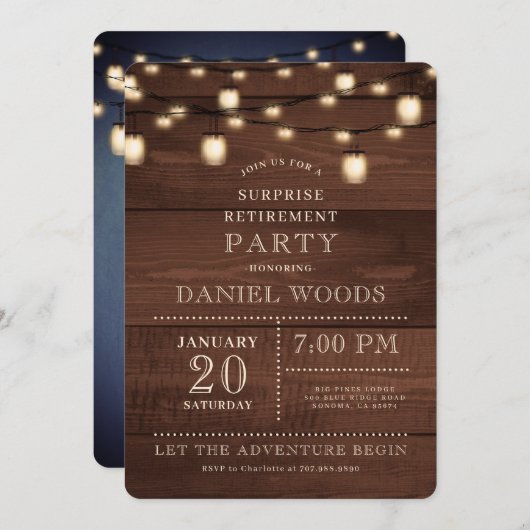 Rustikales Party für die Holzstring-Light-Überrasc Einladung (Vorne/Hinten)