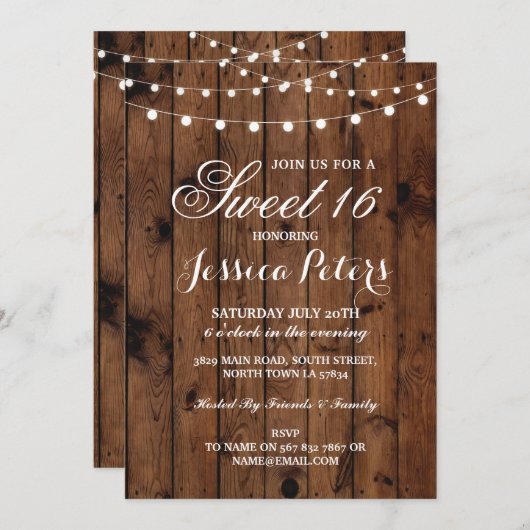 Rustikales Party-hölzerne mit Blumenlichter des Einladung (Vorne/Hinten)