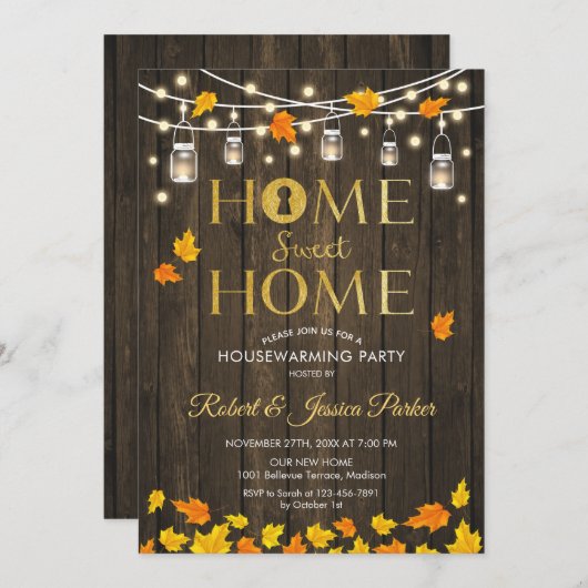 Rustikales Party zur Erwärmung des Hauses - Herbst Einladung (Vorne/Hinten)