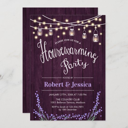 Rustikales Party zur Erwärmung des Hauses - Lila H Einladung (Vorne/Hinten)