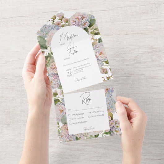 Rustikales Pastel Hydrangeas Weißer Arsch Abendess All In One Einladung (Abreißen)