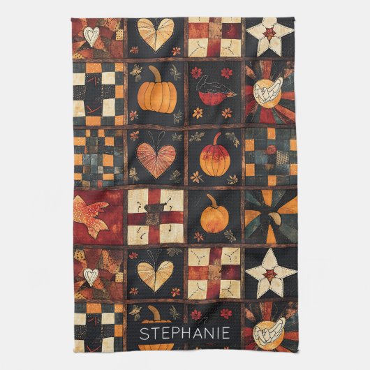 Rustikales Patchwork | Folk Art Herbst Quilt Muste Geschirrtuch (Vertikal)