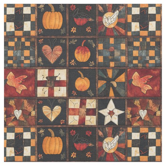 Rustikales Patchwork | Folk Art Herbst Quilt Muste Stoff (Nahaufnahme)