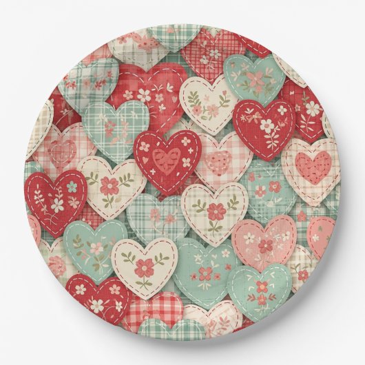 Rustikales Patchwork-Herzen-Picknick-Muster (1) Pappteller (Vorderseite)