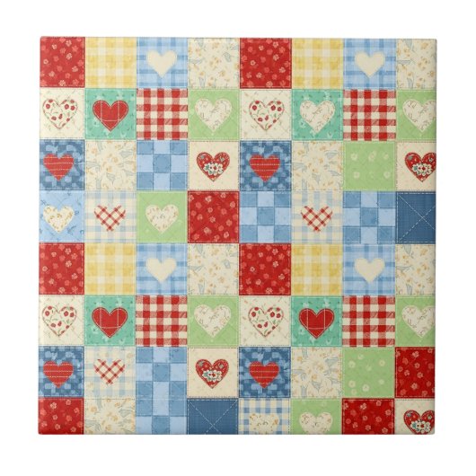 Rustikales Patchwork-Herzen-Picknick-Muster Fliese (Vorderseite)