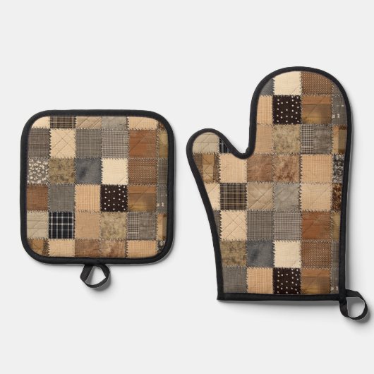 Rustikales Patchwork Oven Mitt and Pot Holder Set (Vorderseite)
