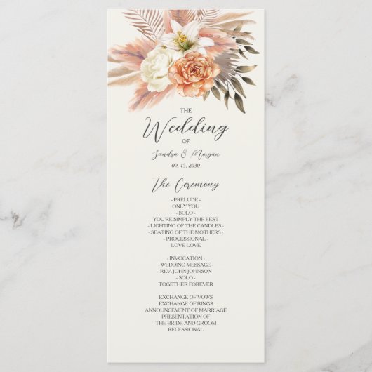 Rustikales Peach Boho Floral Wedding Program Programm (Vorderseite)