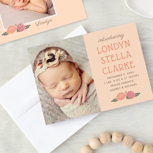 Rustikales Peach Fall Floral Baby Girl Foto Geburt Ankündigung
