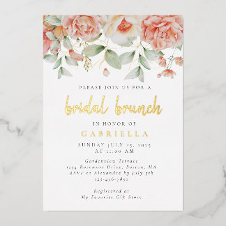 Rustikales Peach floral Bridal Brunch Gold Folieneinladung