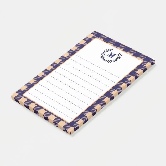 Rustikales Peach & Navy Kariert | Monogramm Post-it Klebezettel (angewinkelt)