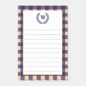 Rustikales Peach & Navy Kariert | Monogramm Post-it Klebezettel (Vorderseite)