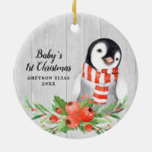 Rustikales Penguin Personalisiert Baby's 1. Weihna Keramik Ornament (Hinten)