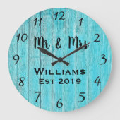 Rustikales Personalisiertes Aquamarines Holz Große Wanduhr (Vorderseite)