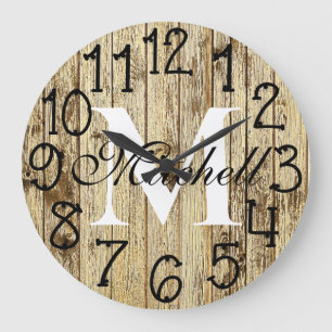Rustikales personalisiertes Monogramm Holz-Jubiläu Große Wanduhr