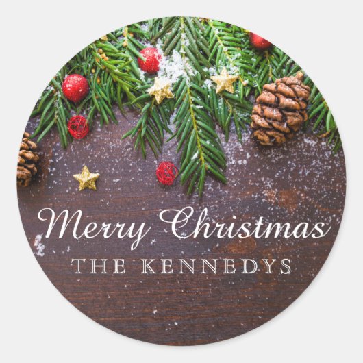 Rustikales Personalisiertes Weihnachten Runder Aufkleber (Vorderseite)