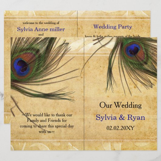 Rustikales Pfauenfeather-Hochzeitsprogramm (Vorne/Hinten)