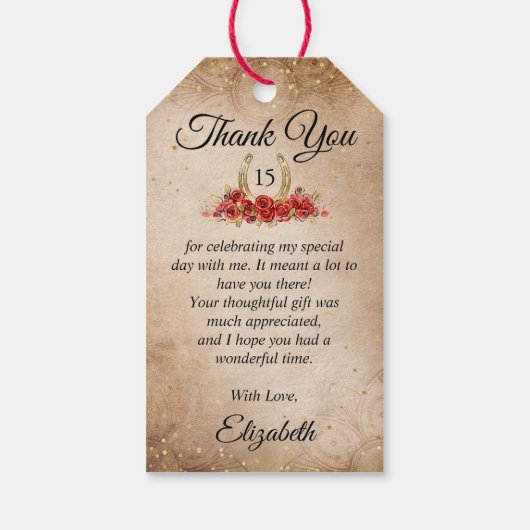 Rustikales Pferd Red Gold Quinceanera Vielen Dank Geschenkanhänger (Rückseite)