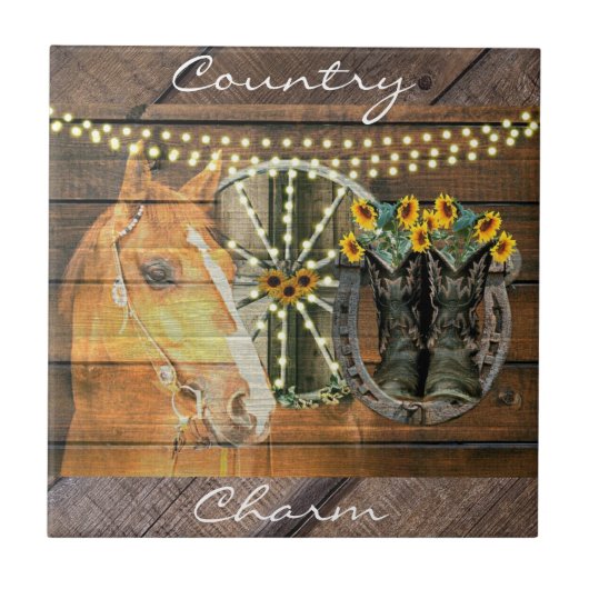 Rustikales Pferd Sonnenblumen Wagon Wheel Cowboy B Fliese (Vorderseite)