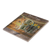 Rustikales Pferd Sonnenblumen Wagon Wheel Cowboy B Fliese (Seite)