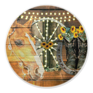 Rustikales Pferd Sonnenblumen Wagon Wheel Cowboy B Keramikknauf
