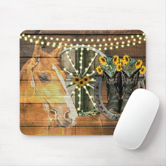 Rustikales Pferd Sonnenblumen Wagon Wheel Cowboy B Mousepad (Mit Mouse)