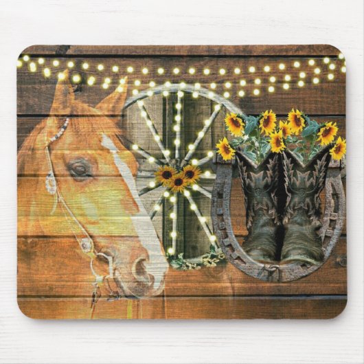 Rustikales Pferd Sonnenblumen Wagon Wheel Cowboy B Mousepad (Vorne)