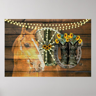 Rustikales Pferd Sonnenblumen Wagon Wheel Cowboy B Poster