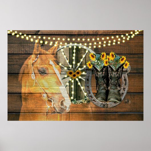 Rustikales Pferd Sonnenblumen Wagon Wheel Cowboy B Poster (Vorne)