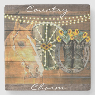 Rustikales Pferd Sonnenblumen Wagon Wheel Cowboy B Steinuntersetzer