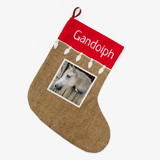 Rustikales Pferd Weihnachten Strumpf 1 Foto Burlap Großer Weihnachtsstrumpf (Vorderansicht (hängend))