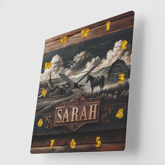 Rustikales Pferdeschild in der Nähe des Bauernhaus Quadratische Wanduhr (Winkel)