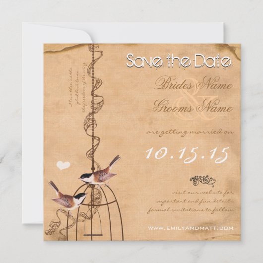 Rustikales Pfirsichrennen mit dem Foto Damask Bird Save The Date (Vorderseite)