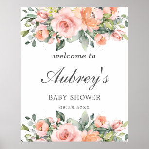 Rustikales Pfirsichrosa Blütenblättrige Babydusche Poster