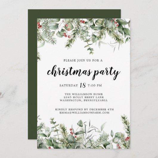 Rustikales Pine and Berries Grünes Weihnachtsfest  Einladung (Vorne/Hinten)