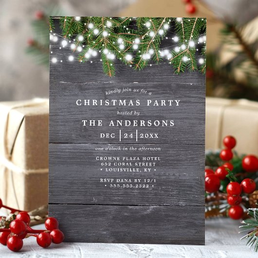 Rustikales Pine and Woodstring Lights Weihnachts-P Einladung