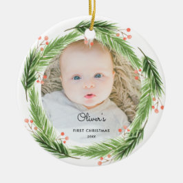 Rustikales Pine Baby 1. Weihnachtskranz Foto Keramik Ornament