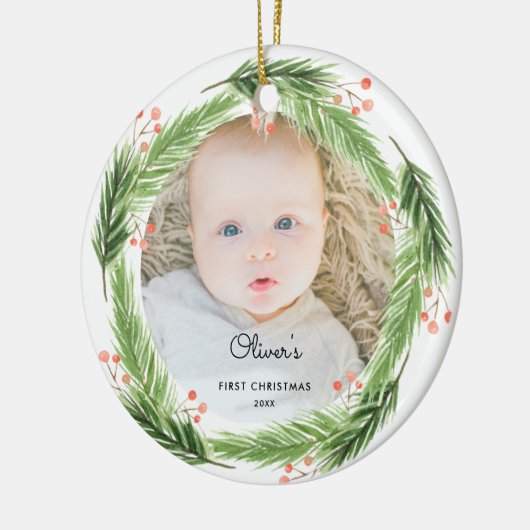 Rustikales Pine Baby 1. Weihnachtskranz Foto Keramik Ornament (Links)
