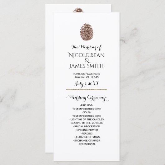 Rustikales Pine Cone Elegantes einfaches Hochzeits Programm (Vorne/Hinten)