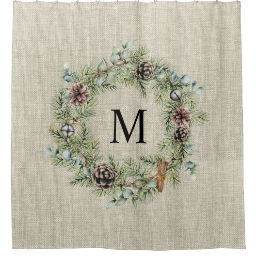 Rustikales Pine Cone Kranz Mit Monogramm Bauernhof Duschvorhang (Vorderseite)
