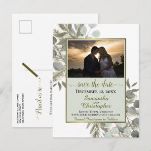Rustikales Pine & Eukalyptus Save the Date Foto Ankündigungspostkarte