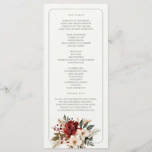 Rustikales Pine Floral Winter Wedding Programm (Rückseite)