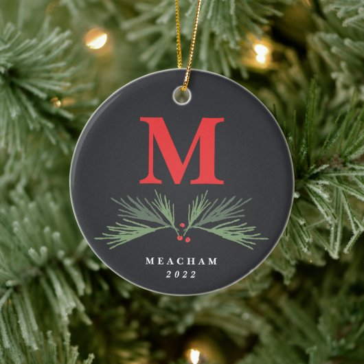 Rustikales Pine Monogram Foto Christmas Keramik Ornament (Baum)